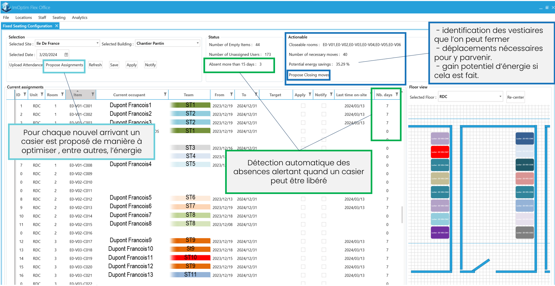 ImOptim Flex Locker software — current assignments, absences, and proposed closures