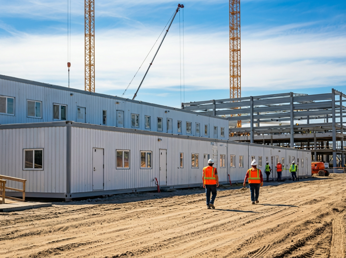 Construction site with base-vie locker units in the foreground